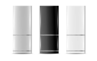 Modern buzdolabı. Gerçekçi gümüş soğutucular, ev veya restoran mutfağı ve soğuk ürün deposu için farklı boyutlarda buzdolabı. Vektör illüstrasyonu