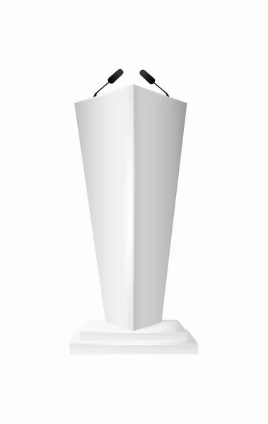 Bílé Pódium Tribune Rostrum Stojí Mikrofony Tribun Pódia Mikrofony Izolovanými — Stockový vektor