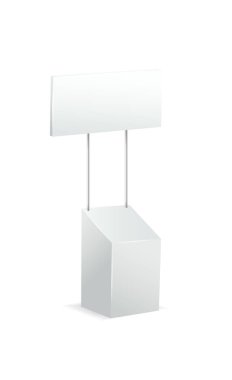 Reklam standları. Gerçekçi modern basit, 3 boyutlu tanıtım masası, tabelası beyaz modelli, boş tanıtım masaları. Vektör illüstrasyonu