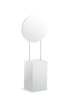 Reklam standları. Gerçekçi modern basit, 3 boyutlu tanıtım masası, tabelası beyaz modelli, boş tanıtım masaları. Vektör illüstrasyonu