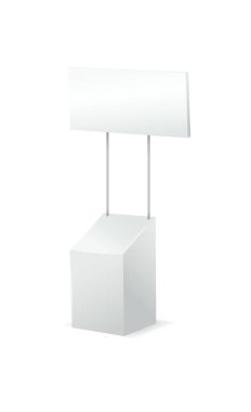 Reklam standları. Gerçekçi modern basit, 3 boyutlu tanıtım masası, tabelası beyaz modelli, boş tanıtım masaları. Vektör illüstrasyonu