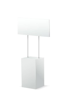 Reklam standları. Gerçekçi modern basit, 3 boyutlu tanıtım masası, tabelası beyaz modelli, boş tanıtım masaları. Vektör illüstrasyonu