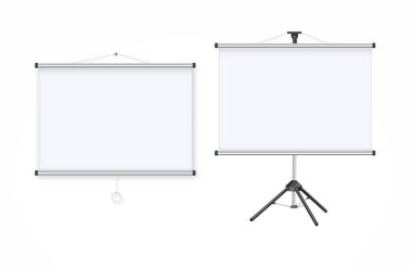 Boş, gerçekçi, taşınabilir projeksiyon ekranı. Beyaz arka planda izole edilmiş. Vektör illüstrasyonu