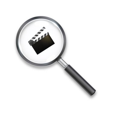 Çizgi film ve video dosya arama simgesi. Vektör gerçekçi arama logosu