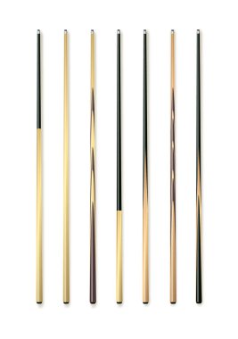 Bilardo için işaretler, bilardo gerçekçi şablonlar. Marketler için çeşitli dizaynlı ahşap sopalar. Vektör illüstrasyonu