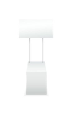 Reklam standları. Gerçekçi modern basit, 3 boyutlu tanıtım masası, tabelası beyaz modelli, boş tanıtım masaları. Vektör illüstrasyonu