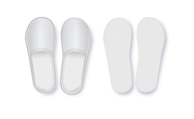 Beyaz Arkaplanda Gerçekçi Beyaz Detaylı Otel Terlikleri. Rahat ayakkabılar. Vektör illüstrasyonu