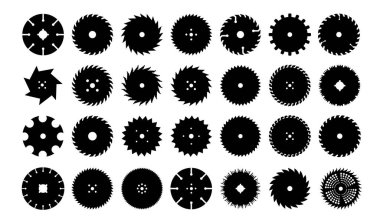 Dairesel testere bıçağı. Ahşap işçiliği için metal disk silueti. Yuvarlak marangozluk araç simgeleri. Endüstriyel dönme dolaplar. Vektör çizimi.