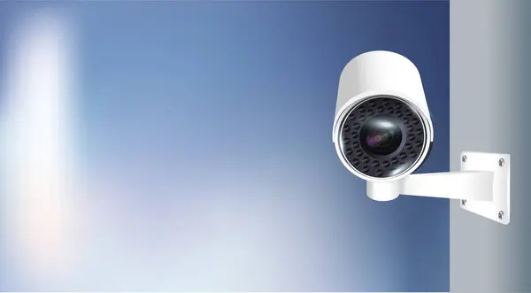 Zamknij Kamerę Nieostrym Tle System Monitoringu Bezpieczeństwa Inteligentnego Domu Ilustracja — Wektor stockowy
