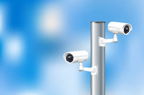 Nahaufnahme Einer Cctv Kamera Über Defokussiertem Hintergrund Sicherheitsüberwachungssystem Für Smart — Stockvektor