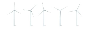 Rüzgar türbinleri yel değirmenleri enerji jeneratörleri. Alternatif eko enerji üretmek için uzun kanatlı beyaz kuleler. Vektör illüstrasyonu
