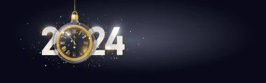 Mutlu yıllar 2024. Noel süslemeleri, topları, flaması ve parıltısı olan şenlikli tasarım.