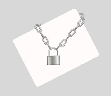 Padlock and chain. Gray metal chain and padlock, handcuffed card, vector.