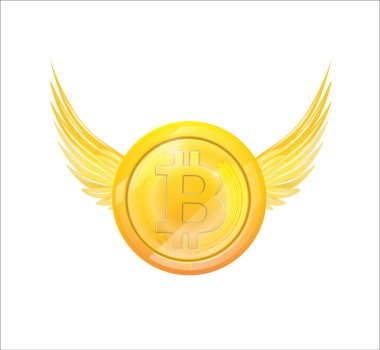 Uçan altın sikke bitcoin, beyaz üzerinde altın kanatları olan. 3B Vektör illüstrasyonu