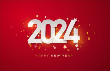 Kırmızı zemin üzerinde kağıt numaraları tasarım 2024 mutlu yıllar. Basit tasarım mutlu yıllar 2024. Vektör illüstrasyonu
