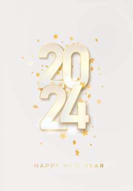 2024 Yeni Yıl Altın Metal numarası. Bu tebrik kartıyla mutlu yıllar ve mutlu Noeller. Kutlama ruhu. Vektör illüstrasyonu