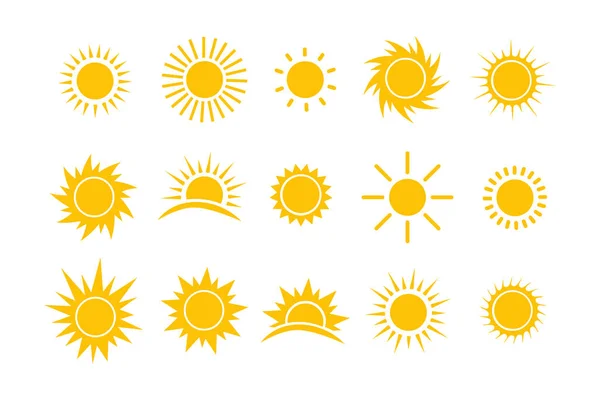 Ikona Słońca Ustawiona Kolekcja Żółtych Ikon Gwiazd Słońca Ilustracja Wektora — Wektor stockowy