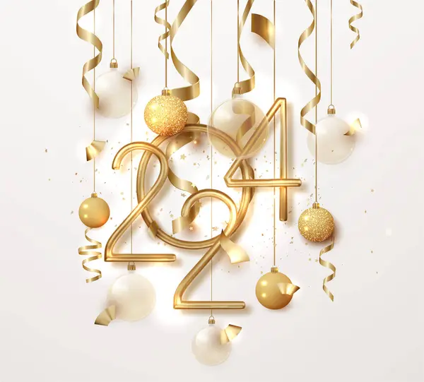 2024新年快乐 金色的数字和圣诞装饰与闪亮的灯光 假日贺卡模板 — 图库矢量图片#