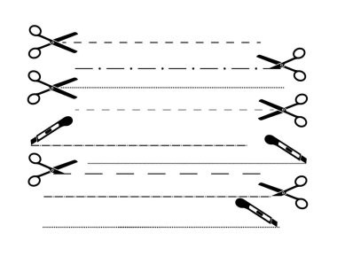 Simge sembolünü kes. Çizgileri makasla kes. Makas simgeleri ayarlandı. Kesme sembolü için makas. Vektör illüstrasyonu