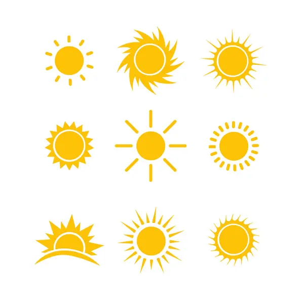 Ikona Słońca Ustawiona Płaska Konstrukcja Kolekcja Gwiazd Słonecznych Logo Lub — Wektor stockowy