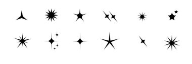Minimalist siluet yıldız simgeleri, yıldız şekli vektör seti. Soyut y2k kıvılcımları. Parlayan yıldızlar, soyut parlak siyah siluetler parlıyor. Vektör illüstrasyonu