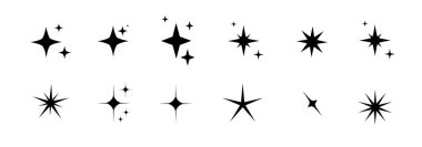 Minimalist siluet yıldız simgeleri, yıldız şekli vektör seti. Soyut y2k kıvılcımları. Parlayan yıldızlar, soyut parlak siyah siluetler parlıyor. Vektör illüstrasyonu