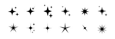 Minimalist siluet yıldız simgeleri, yıldız şekli vektör seti. Soyut y2k kıvılcımları. Parlayan yıldızlar, soyut parlak siyah siluetler parlıyor. Vektör illüstrasyonu