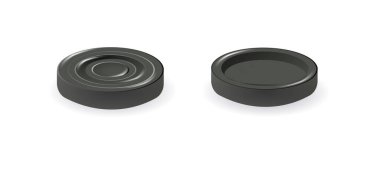 Siyah dama çipleri. Yüzeyinde daire çizgileri ve dama tahtasında oynaması için gölgesi olan 3D gerçekçi yuvarlak rozet. Vektör illüstrasyonu