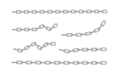 Serbest metal zincir ya bütün ya da çelik krom halkalar kırılır. Dikensiz metal zincir koleksiyonu. Gümüş renginde. Vektör illüstrasyonu