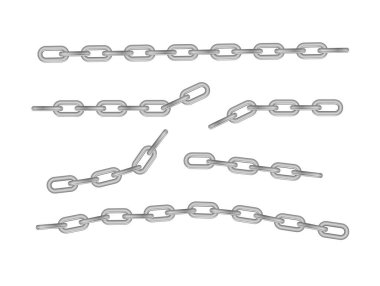 Serbest metal zincir ya bütün ya da çelik krom halkalar kırılır. Dikensiz metal zincir koleksiyonu. Gümüş renginde. Vektör illüstrasyonu