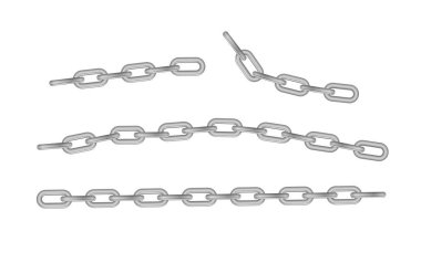 Serbest metal zincir ya bütün ya da çelik krom halkalar kırılır. Dikensiz metal zincir koleksiyonu. Gümüş renginde. Vektör illüstrasyonu