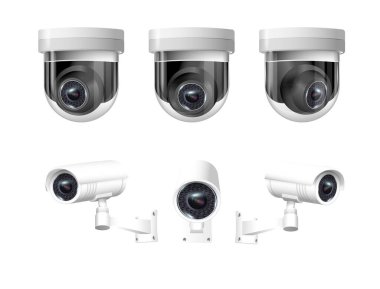 Modern binanın güvenlik kameraları. Profesyonel güvenlik kamerası. Güvenlik sistemi, teknoloji konsepti. Güvenlik sistemi kontrol için video ekipmanı. Vektör illüstrasyonu