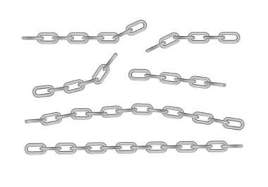 Serbest metal zincir ya bütün ya da çelik krom halkalar kırılır. Dikensiz metal zincir koleksiyonu. Gümüş renginde. Vektör illüstrasyonu