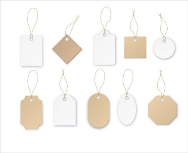 Boş beyaz kağıt fiyat etiketleri ya da farklı şekillerde hediye etiketleri. Etiketler. Vektör illüstrasyonu