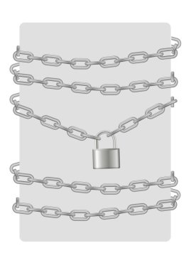 Gri metal zincir, asma kilit, kelepçeli kart. vektör