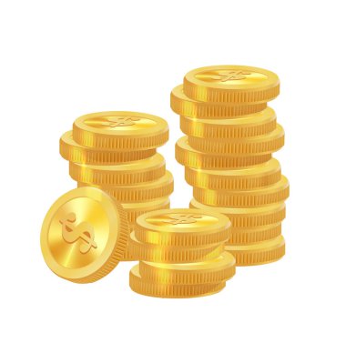 Gerçekçi altın paralar yığını. Yığınla altın para, nakit ya da hazine. Banka ve finans. Yatırım, kâr veya kazanç. Uzayı kopyala Vektör illüstrasyonu