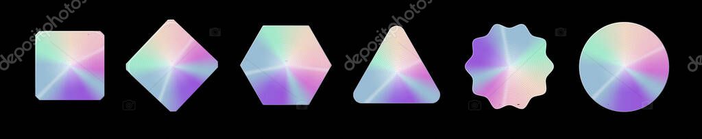 Holographic stickers. Hologram labels shapes. Holographic textured stickers for preview tags, labels. Sticker for design mockups. Vector illustration