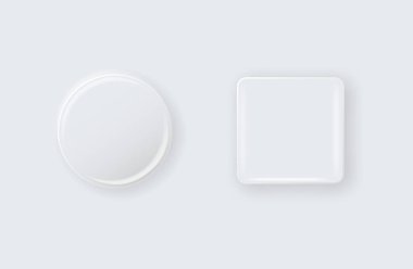 Vektör 3d Yuvarlak ve Kare Beyaz Metal, Plastik Boş Düğme Rozeti izole edildi. Düğme Rozeti. Broş iğnesi. Markalaşma Şablonu.