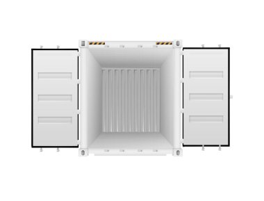 Kargo konteynerleri açık ve kapalı kapılar ardında gerçekçidir. Depo ve ulaşım için çelik kargo kutuları. Vektör gemisi çizimi.