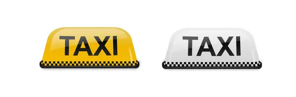 Taksi arabasının tavanı sarı ve beyaz. Beyazda izole edilmiş gerçekçi bir illüstrasyon. Vektör illüstrasyonu