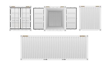 Kargo konteynerleri açık ve kapalı kapılar ardında gerçekçidir. Depo ve ulaşım için çelik kargo kutuları. Vektör gemisi çizimi.