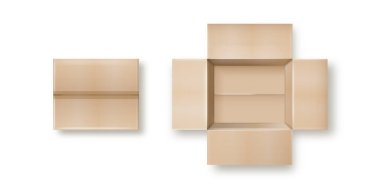 Box. Empty open and closed cardboard box. Realistic cardboard box mockup set from side, front and top view open and closed isolated on white background. Parcel packaging template. Vector illustration. clipart