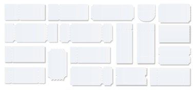 Bilet boş şablon. Konser salonu boş beyaz biletleri piyango kuponlarıyla dolduruyor. Vektör illüstrasyonu