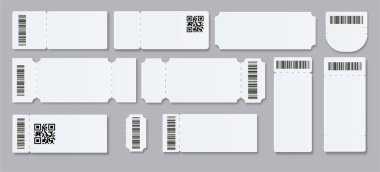 Bilet boş şablon. Konser salonu boş beyaz biletleri piyango kuponlarıyla dolduruyor. Vektör illüstrasyonu