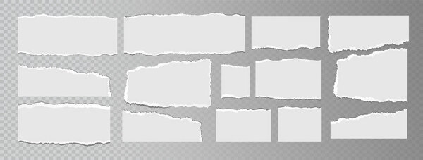 Realistic ripped white paper sheets isolated on transparent background. Torn blank pages with uneven texture. Vector illustration
