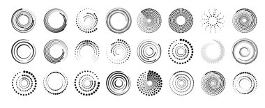Yarım tonluk dairesel noktalı çerçeveler ayarlandı. Siyah, yarım tonlu, noktalı hız çizgileri. Hız çizgileri daire şeklinde. Geometrik sanat. Vektör illüstrasyonu