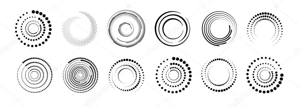 Halftone circular dotted frames set. Set of black thick halftone dotted speed lines. Speed lines in circle form. Geometric art. Vector illustration