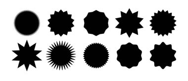 Yıldız patlaması konuşma baloncukları. Yıldız patlaması, siyah fiyat etiketi güneş patlaması simgeleri. Kara Güneş patlaması. Düz vintage etiket etiketleri. Vektör illüstrasyonu