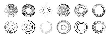 Yarım tonluk dairesel noktalı çerçeveler ayarlandı. Siyah, yarım tonlu, noktalı hız çizgileri. Hız çizgileri daire şeklinde. Geometrik sanat. Vektör illüstrasyonu