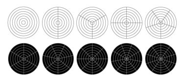 Ana hat kutup şebekesi hazır. Kutup şablonu bölünmüş şablon. Radar dairesel grafik ekranı. Konsantre daire diyagramı olan şebeke. Vektör illüstrasyonu